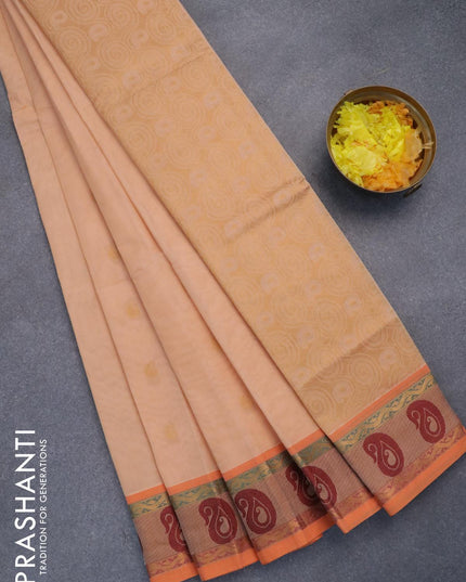 Venkatagiri cotton saree peach shade and orange with paisley zari woven buttas and zari woven border without blouse - {{ collection.title }} by Prashanti Sarees