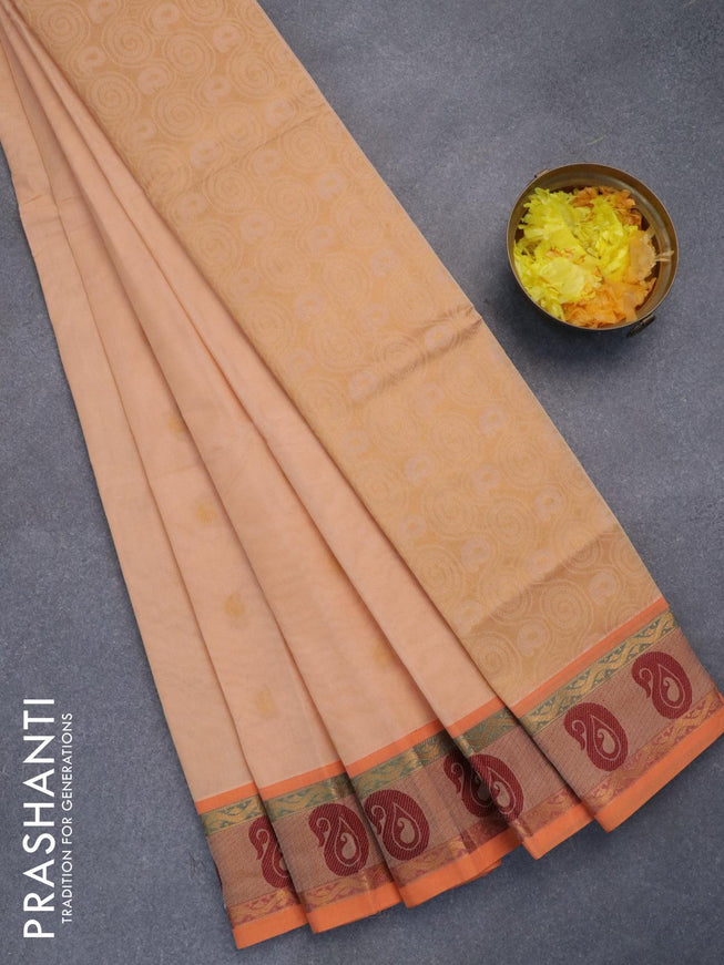 Venkatagiri cotton saree peach shade and orange with paisley zari woven buttas and zari woven border without blouse - {{ collection.title }} by Prashanti Sarees