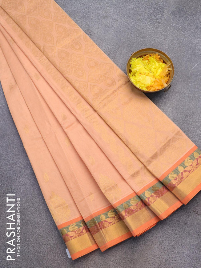 Venkatagiri cotton saree peach shade and orange with zari woven buttas and zari woven border without blouse - {{ collection.title }} by Prashanti Sarees