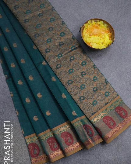 Venkatagiri cotton saree peacock green and mustard shade with paisley zari woven buttas and zari woven border without blouse - {{ collection.title }} by Prashanti Sarees