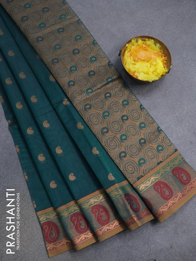 Venkatagiri cotton saree peacock green and mustard shade with paisley zari woven buttas and zari woven border without blouse - {{ collection.title }} by Prashanti Sarees