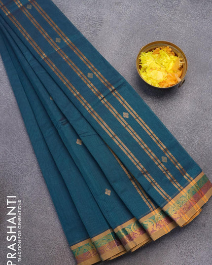 Venkatagiri cotton saree peacock green and mustard yellow with zari woven buttas and zari woven border without blouse - {{ collection.title }} by Prashanti Sarees