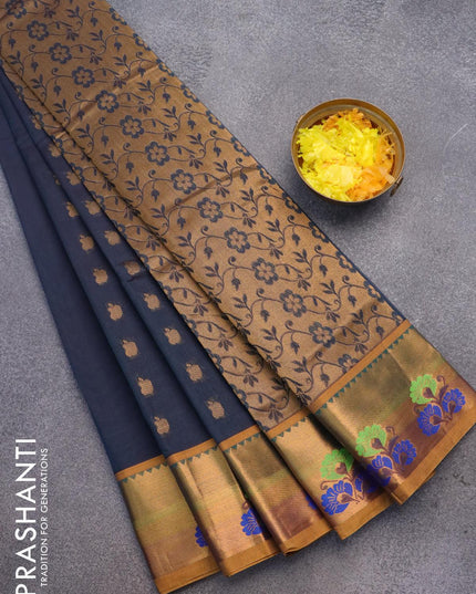 Venkatagiri cotton saree peacock green and mustard yellow with zari woven buttas and zari woven butta border without blouse - {{ collection.title }} by Prashanti Sarees
