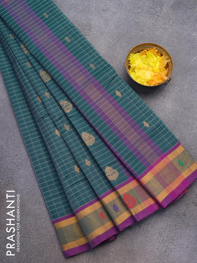 Venkatagiri cotton saree peacock green and purple with allover checked pattern & zari buttas and zari woven border without blouse - {{ collection.title }} by Prashanti Sarees