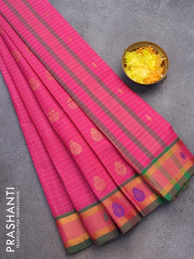 Venkatagiri cotton saree pink and green with allover checked pattern & zari buttas and zari woven border without blouse - {{ collection.title }} by Prashanti Sarees