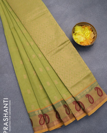 Venkatagiri cotton saree pista green and mustard yellow with zari woven buttas and paisley zari woven border without blouse - {{ collection.title }} by Prashanti Sarees