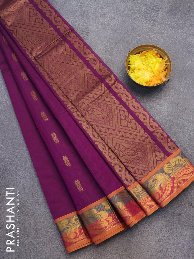 Venkatagiri cotton saree purple and mustard shade with zari woven buttas and paisley zari woven border without blouse - {{ collection.title }} by Prashanti Sarees