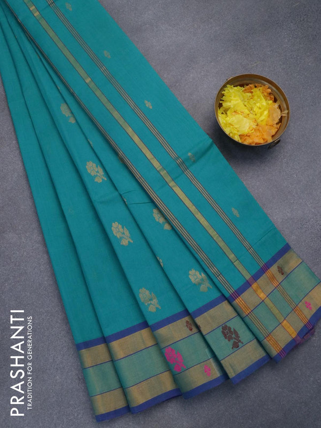 Venkatagiri cotton saree teal blue and blue with zari woven buttas and zari woven border without blouse - {{ collection.title }} by Prashanti Sarees