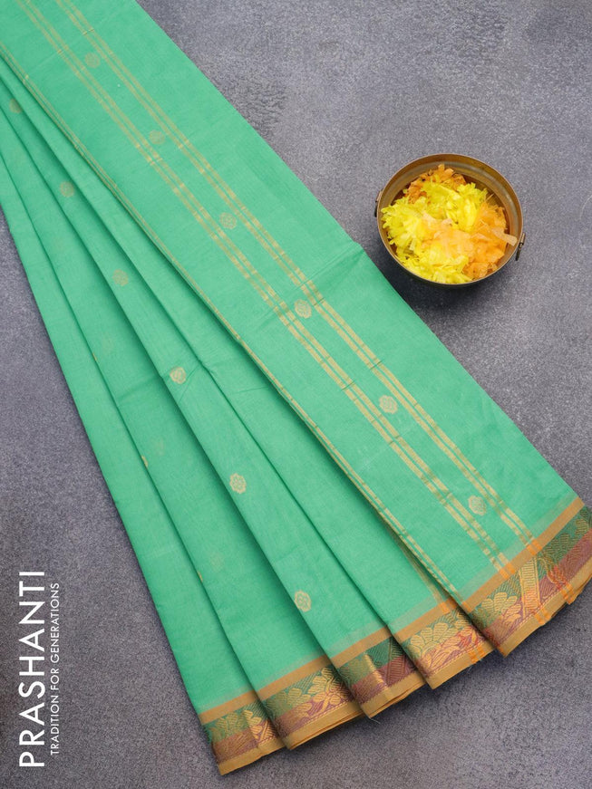Venkatagiri cotton saree teal green and mustard shade with zari woven buttas and zari woven border without blouse - {{ collection.title }} by Prashanti Sarees