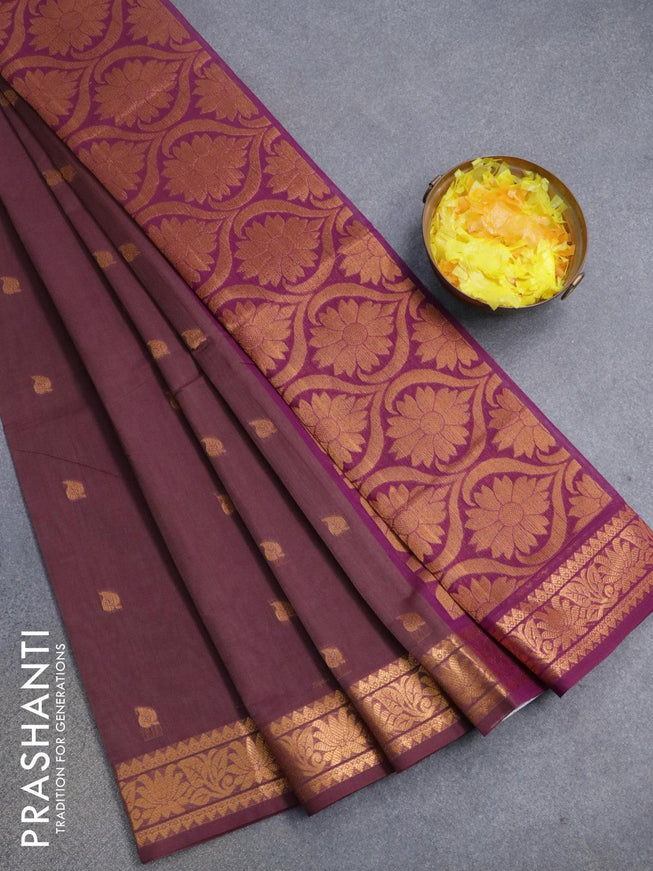 Venkatagiri cotton saree wine shade and purple with zari woven buttas and zari woven border without blouse - {{ collection.title }} by Prashanti Sarees