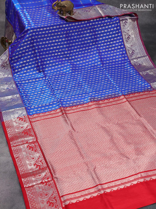 Venkatagiri silk saree blue and red with allover silver zari woven butta weaves and silver zari woven border - {{ collection.title }} by Prashanti Sarees