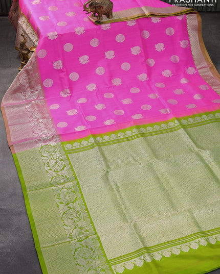 Venkatagiri silk saree candy pink and green with silver zari woven buttas and long annam silver zari woven border - {{ collection.title }} by Prashanti Sarees
