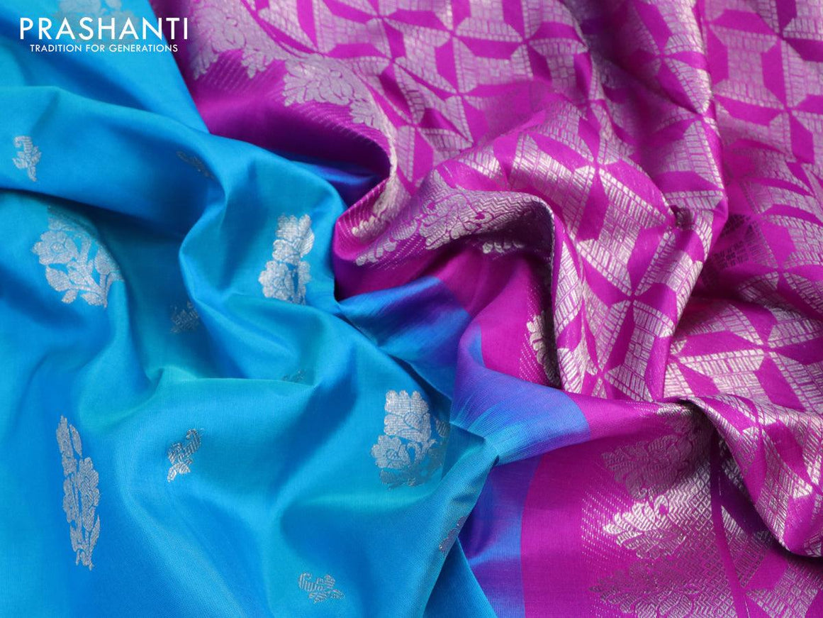 Venkatagiri silk saree cs blue and purple with silver zari woven buttas and rich silver zari woven border - {{ collection.title }} by Prashanti Sarees