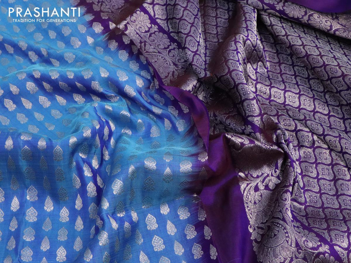 Venkatagiri silk saree dual shade of blue and dual shade of bluish maroon with allover silver zari woven butta weaves and rich silver zari woven border - {{ collection.title }} by Prashanti Sarees