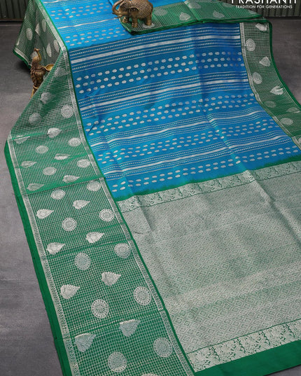 Venkatagiri silk saree dual shade of cs blue and green with allover silver zari weaves and long rich silver zari woven border - {{ collection.title }} by Prashanti Sarees