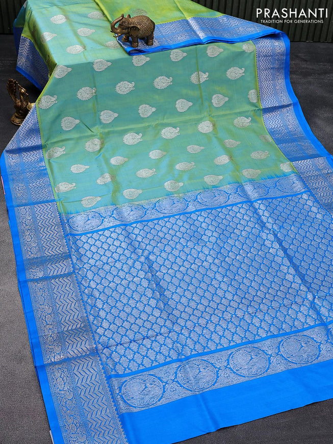 Venkatagiri silk saree dual shade of greenish blue and cs blue with silver zari woven buttas and silver zari woven border - {{ collection.title }} by Prashanti Sarees