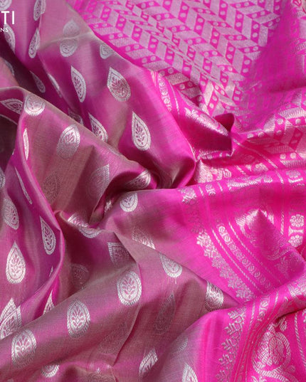 Venkatagiri silk saree dual shade of magenta pink shade and pink with allover silver zari woven butta weaves and long rich silver zari woven border - {{ collection.title }} by Prashanti Sarees