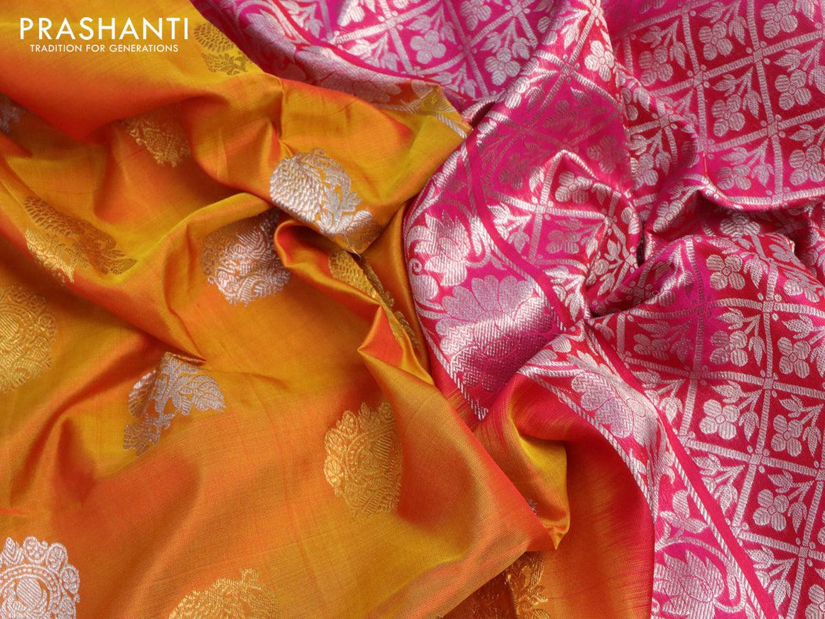 Venkatagiri silk saree dual shade of mustard yellow and pink with silver & gold zari woven buttas and silver zari woven border - {{ collection.title }} by Prashanti Sarees