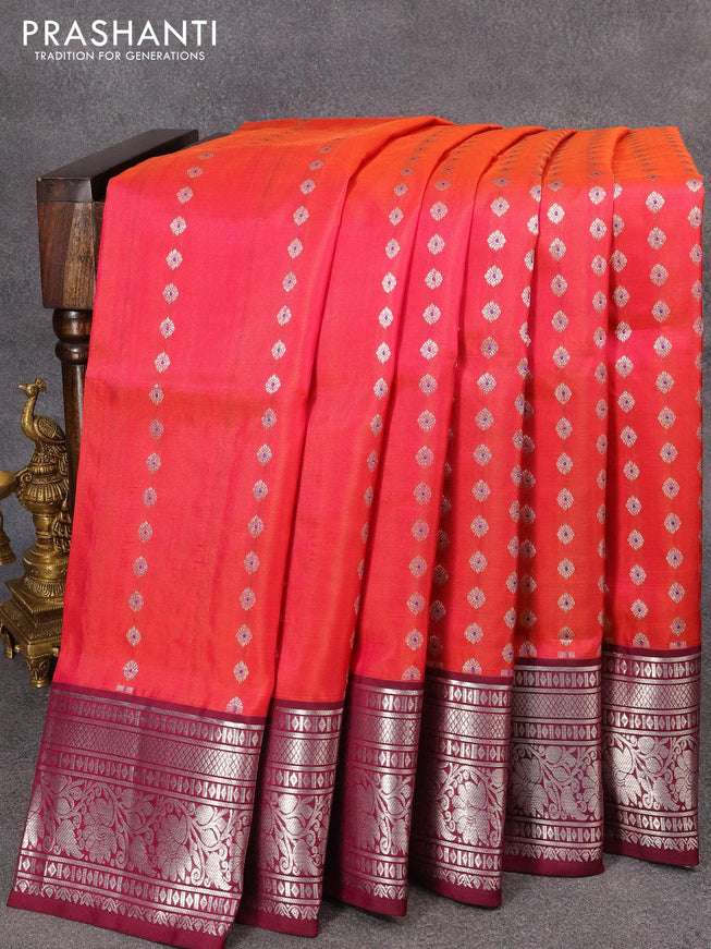 Venkatagiri silk saree dual shade of pink and coffee brown with allover silver zari woven butta weaves and rich silver zari woven floral border - {{ collection.title }} by Prashanti Sarees
