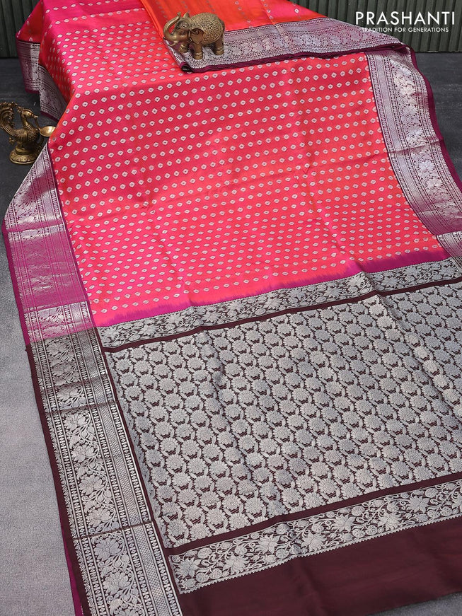 Venkatagiri silk saree dual shade of pink and coffee brown with allover silver zari woven butta weaves and rich silver zari woven floral border - {{ collection.title }} by Prashanti Sarees