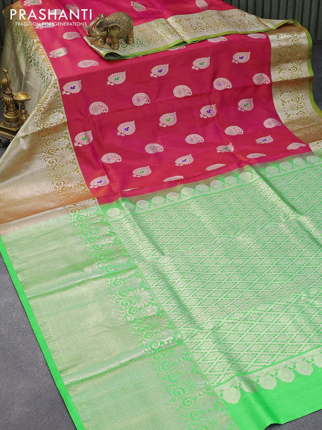 Venkatagiri silk saree dual shade of pink and parrot green with silver zari woven paisley & leaf buttas and long rich silver zari woven border - {{ collection.title }} by Prashanti Sarees