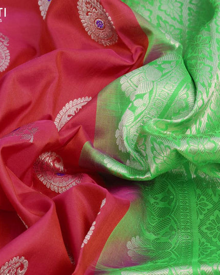 Venkatagiri silk saree dual shade of pink and parrot green with silver zari woven paisley & leaf buttas and long rich silver zari woven border - {{ collection.title }} by Prashanti Sarees