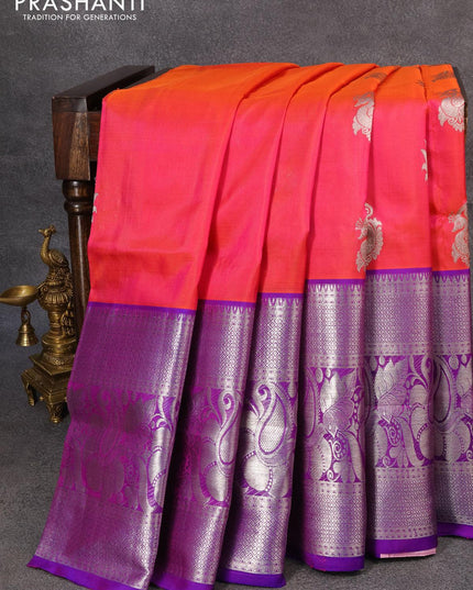 Venkatagiri silk saree dual shade of pinkish orange and blue with silver zari woven buttas and long rich zari woven border - {{ collection.title }} by Prashanti Sarees