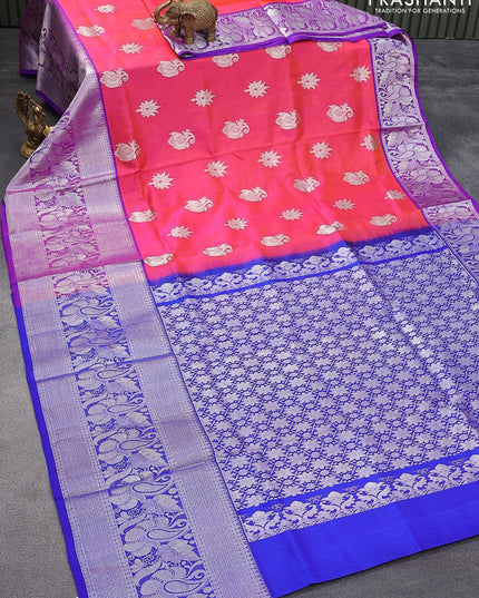 Venkatagiri silk saree dual shade of pinkish orange and blue with silver zari woven buttas and long rich zari woven border - {{ collection.title }} by Prashanti Sarees