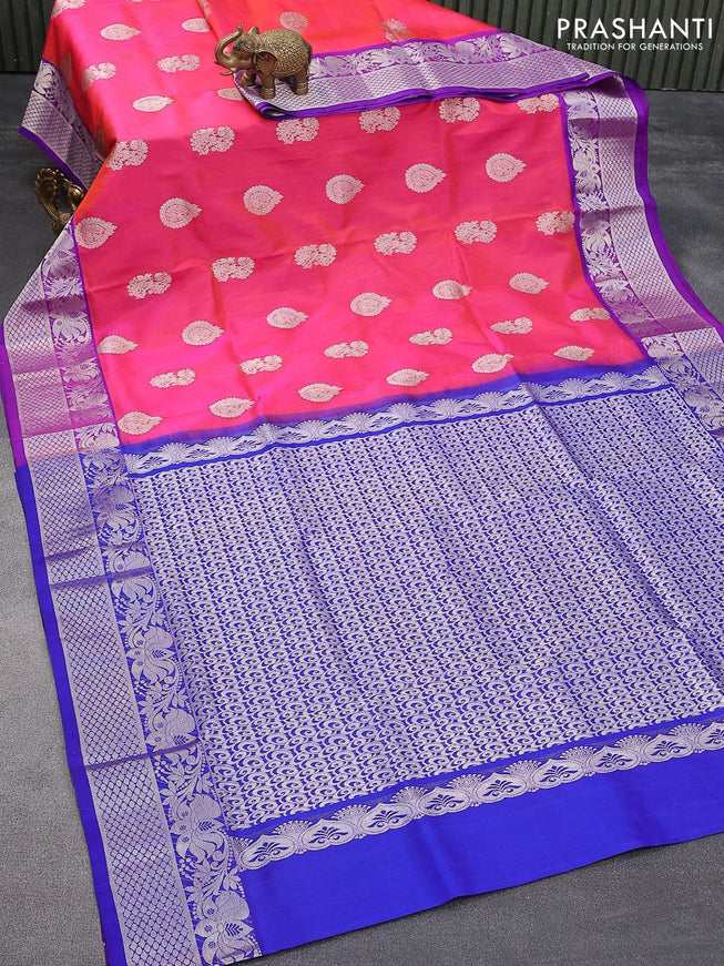 Venkatagiri silk saree dual shade of pinkish orange and blue with silver zari woven buttas and rich floral silver zari woven border - {{ collection.title }} by Prashanti Sarees