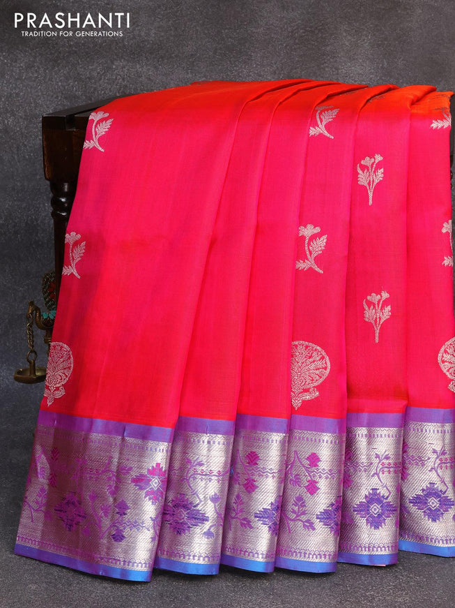Venkatagiri silk saree dual shade of pinkish orange and cs blue with silver zari woven floral buttas and silver zari woven border - {{ collection.title }} by Prashanti Sarees
