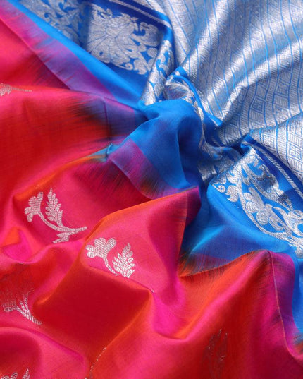 Venkatagiri silk saree dual shade of pinkish orange and cs blue with silver zari woven floral buttas and silver zari woven border - {{ collection.title }} by Prashanti Sarees