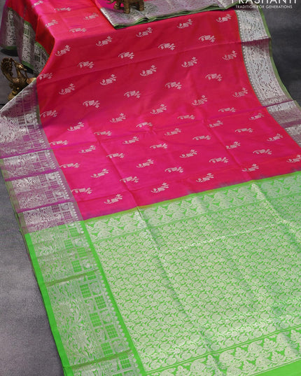 Venkatagiri silk saree dual shade of pinkish orange and light green with silver zari woven buttas and silver zari woven border - {{ collection.title }} by Prashanti Sarees