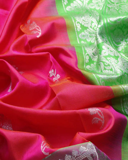 Venkatagiri silk saree dual shade of pinkish orange and light green with silver zari woven buttas and silver zari woven border - {{ collection.title }} by Prashanti Sarees