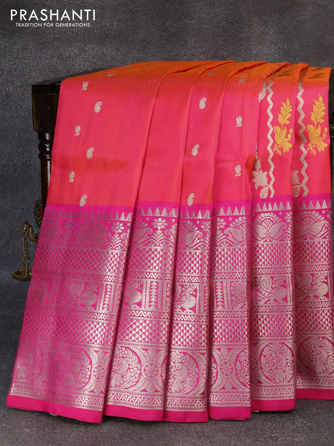 Venkatagiri silk saree dual shade of pinkish orange and pink with allover silver & gold zari weaves and long silver zari woven border - {{ collection.title }} by Prashanti Sarees