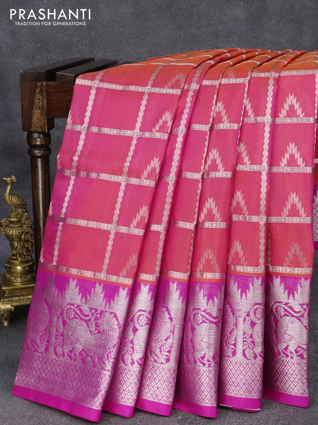 Venkatagiri silk saree dual shade of pinkish orange and pink with allover silver zari checks & temple buttas and silver zari woven border - {{ collection.title }} by Prashanti Sarees