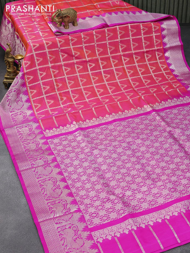 Venkatagiri silk saree dual shade of pinkish orange and pink with allover silver zari checks & temple buttas and silver zari woven border - {{ collection.title }} by Prashanti Sarees