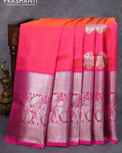 Venkatagiri silk saree dual shade of pinkish orange and pink with silver zari woven annam buttas and long rich silver zari woven border - {{ collection.title }} by Prashanti Sarees