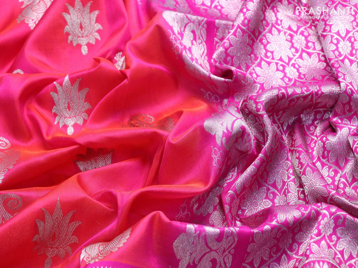 Venkatagiri silk saree dual shade of pinkish orange and pink with silver zari woven annam buttas and long rich silver zari woven border - {{ collection.title }} by Prashanti Sarees