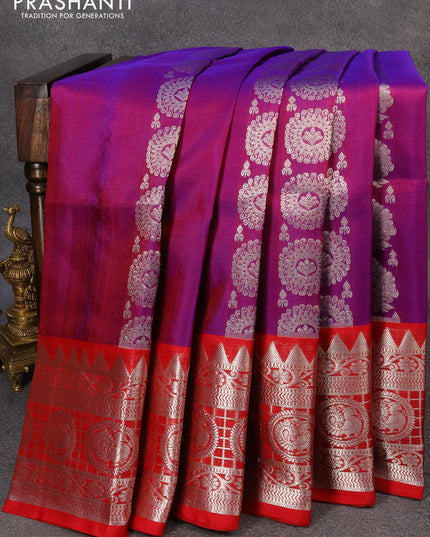 Venkatagiri silk saree dual shade of purple and red with allover silver zari weaves and long rich zari woven border - {{ collection.title }} by Prashanti Sarees