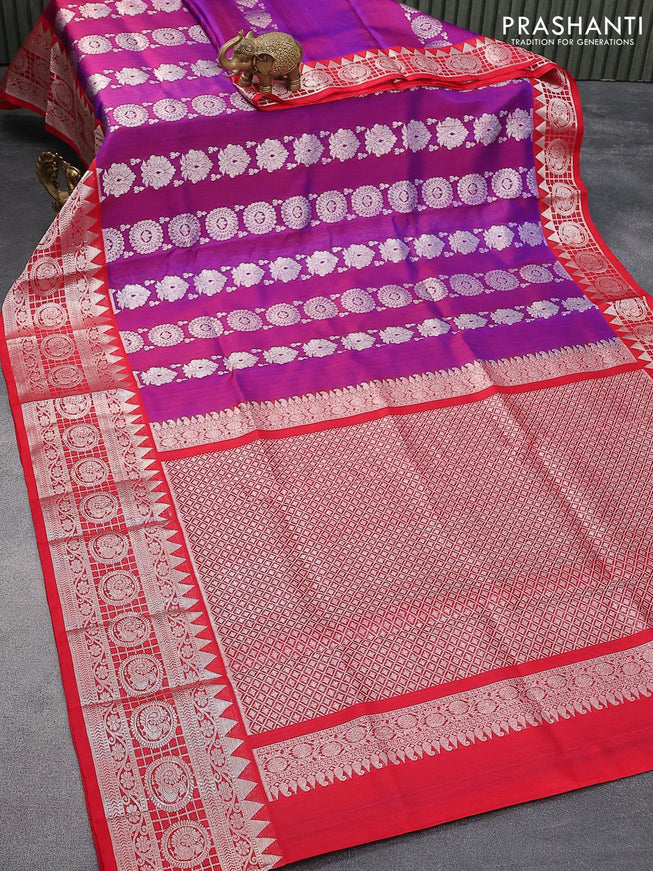 Venkatagiri silk saree dual shade of purple and red with allover silver zari weaves and long rich zari woven border - {{ collection.title }} by Prashanti Sarees
