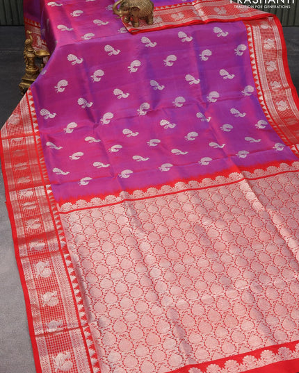 Venkatagiri silk saree dual shade of purple and red with silver zari woven buttas and rich silver zari woven border - {{ collection.title }} by Prashanti Sarees