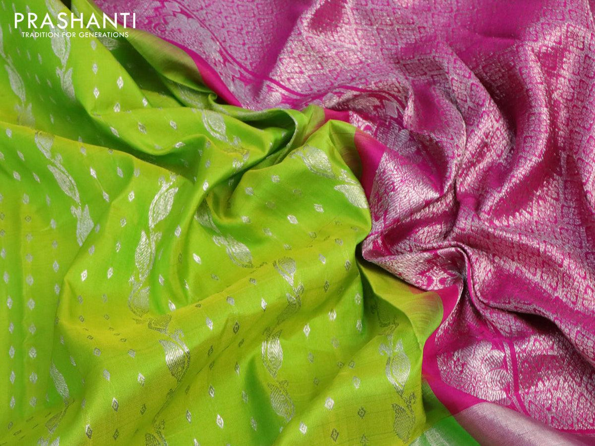 Venkatagiri silk saree fluorescent green and pink with allover silver zari weaves and long silver zari woven border - {{ collection.title }} by Prashanti Sarees