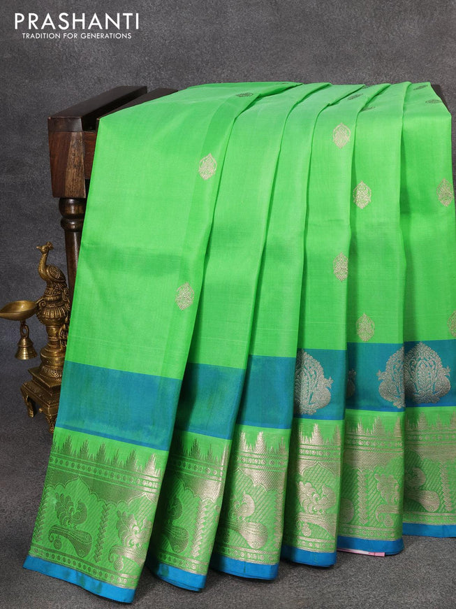 Venkatagiri silk saree green and cs blue with silver zari woven buttas and rich silver zari woven border - {{ collection.title }} by Prashanti Sarees