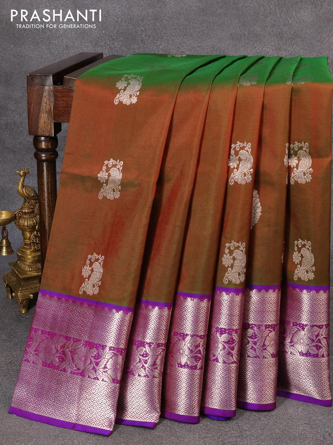 Venkatagiri silk saree manthulir green and blue with silver zari woven buttas and rich silver zari woven floral border - {{ collection.title }} by Prashanti Sarees
