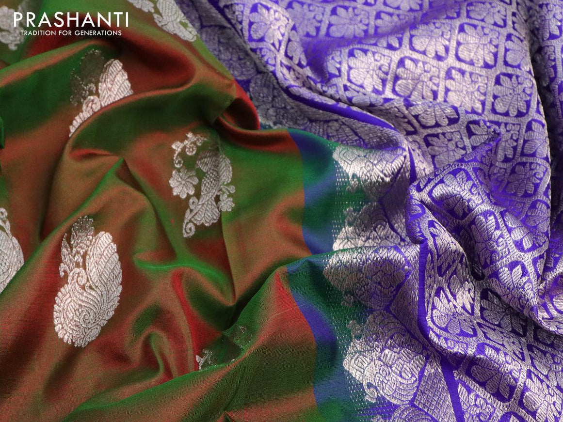 Venkatagiri silk saree manthulir green and blue with silver zari woven buttas and rich silver zari woven floral border - {{ collection.title }} by Prashanti Sarees