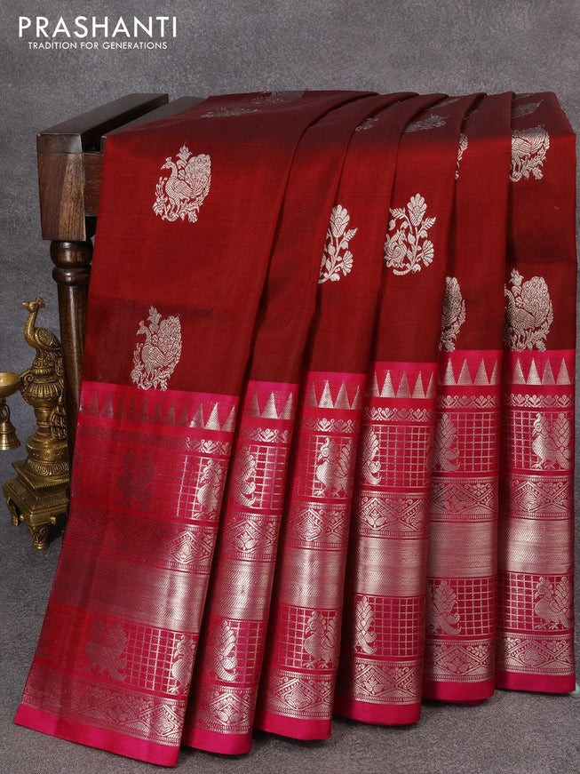 Venkatagiri silk saree maroon and pink with silver zari woven buttas and long silver zari woven border - {{ collection.title }} by Prashanti Sarees
