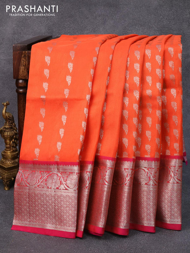 Venkatagiri silk saree orange and pink with silver zari woven floral buttas and silver zari woven floral border - {{ collection.title }} by Prashanti Sarees