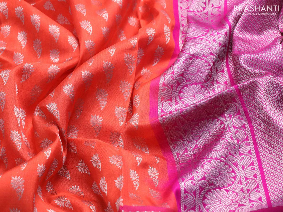 Venkatagiri silk saree orange and pink with silver zari woven floral buttas and silver zari woven floral border - {{ collection.title }} by Prashanti Sarees