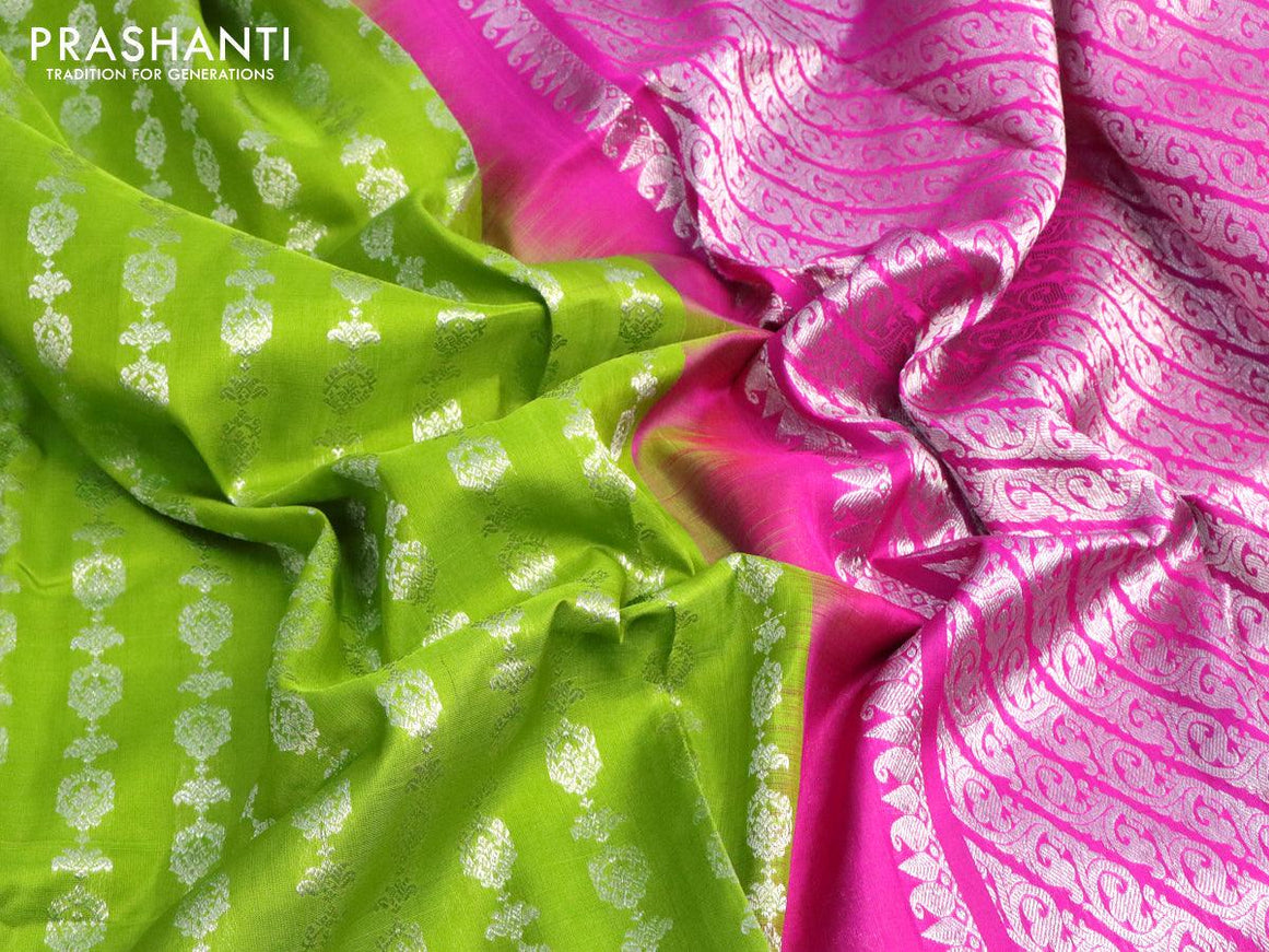Venkatagiri silk saree parrot green and pink with allover silver zari weaves and silver zari woven border - {{ collection.title }} by Prashanti Sarees