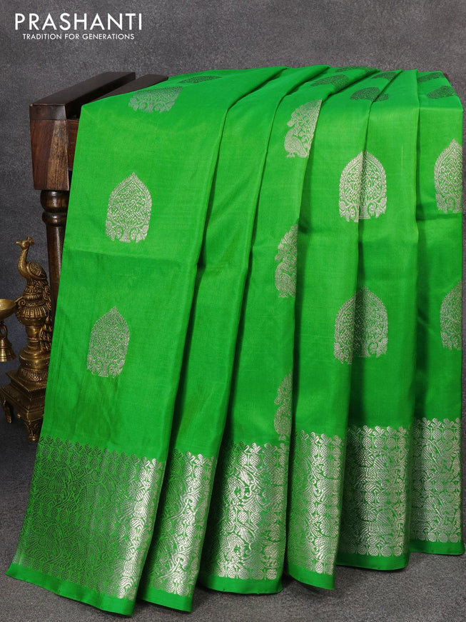 Venkatagiri silk saree parrot green with silver zari woven buttas and rich silver zari woven border - {{ collection.title }} by Prashanti Sarees